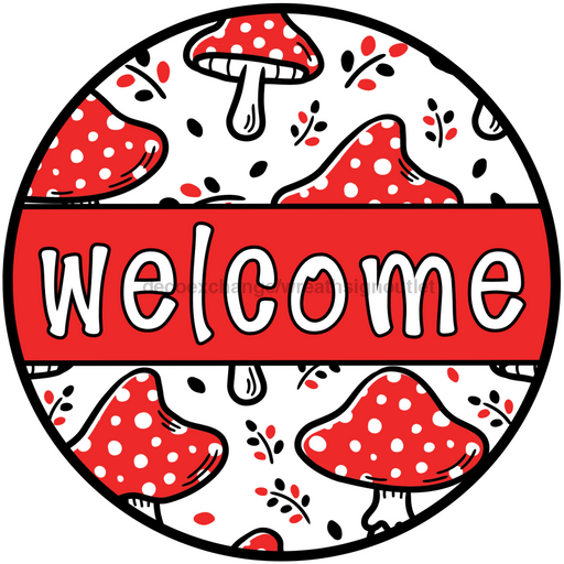 Red Mushroom Door Hanger, Welcome Door Hanger, DCO-01307-DH, 18" Round Wood Door Hanger - DecoExchange®