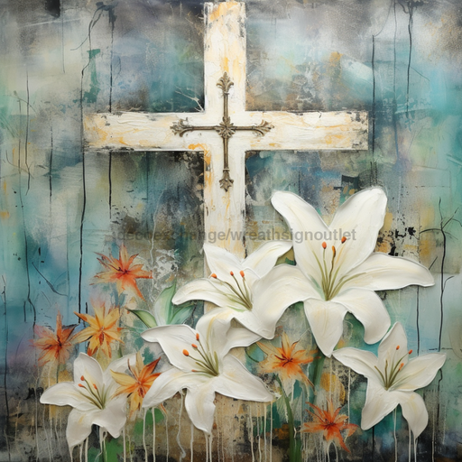 Religious Sign Cross And Lillies Oaw-0093 For Wreath 10X10’ Metal