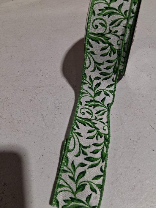 1.5"X10Yd Tonal Leaves White/Lime/Emerald RGH129627 - DecoExchange