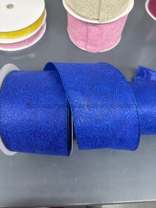 Ryl Bl Glittered Flwr Embossed 4’’X25Y 72433-04-25B Ribbon