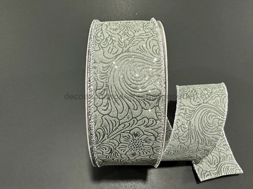 Silv Glittered Flwr Embossed 2.5’’X50Y 871-40-442 Ribbon