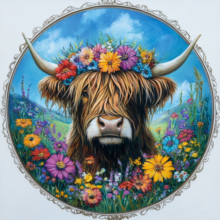 Spring Highland Cow Sign, DCO-13340, Sign For Wreath, 10" Metal Sign