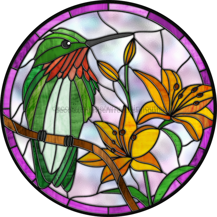 Stained Glass Sign, Hummingbird Sign, DECOE-4051-DH, 18 Wood Round