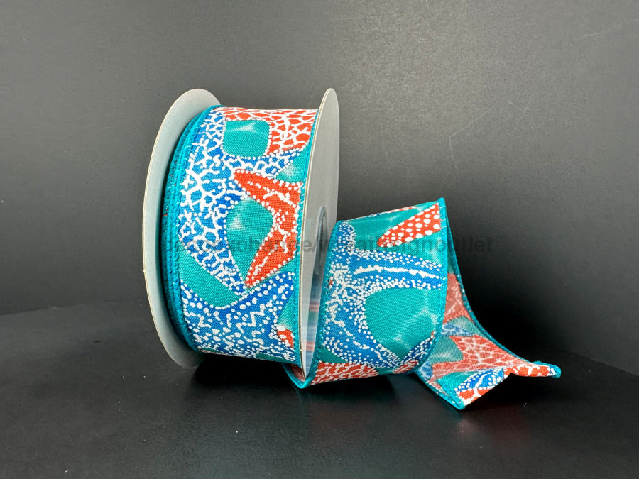 Teal Water Satin/Coral-Blue Starfish 1.5’’X10Y 41537-09-33 Ribbon