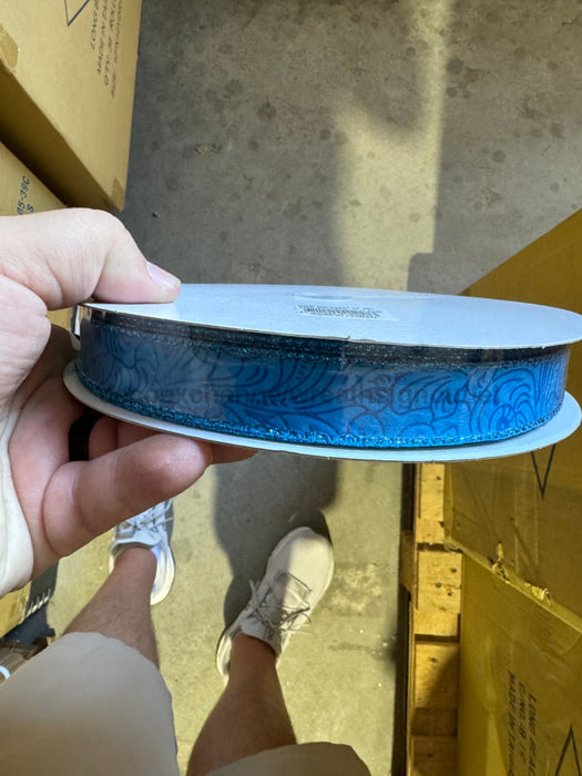 Turquoise Glittered Flower Embossed 4’’X25Y 72433-04-39B Ribbon