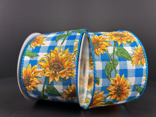 Turq-Wht Buff Pld/Wild Sunflwrs 2.5’X10Y 61410-40-39 Ribbon