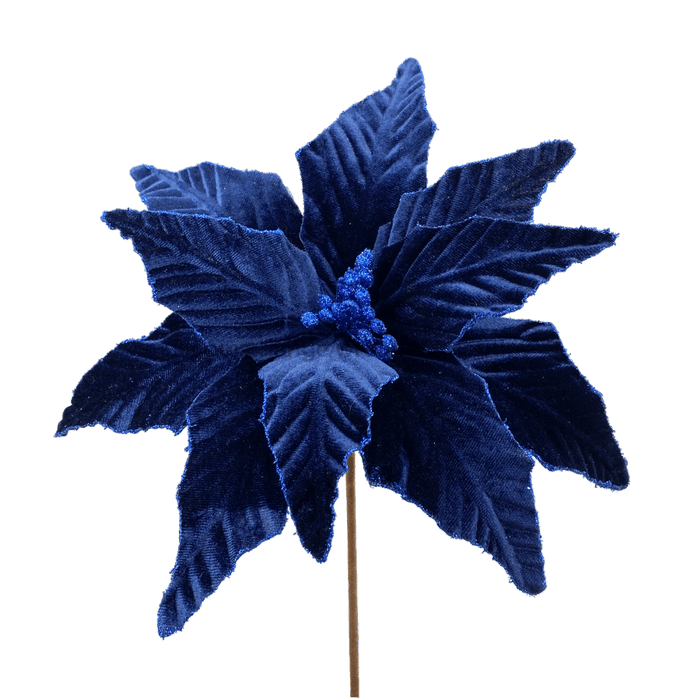 Velvet Poinsettia Pick H15Xdia12 85517NVBL - DecoExchange