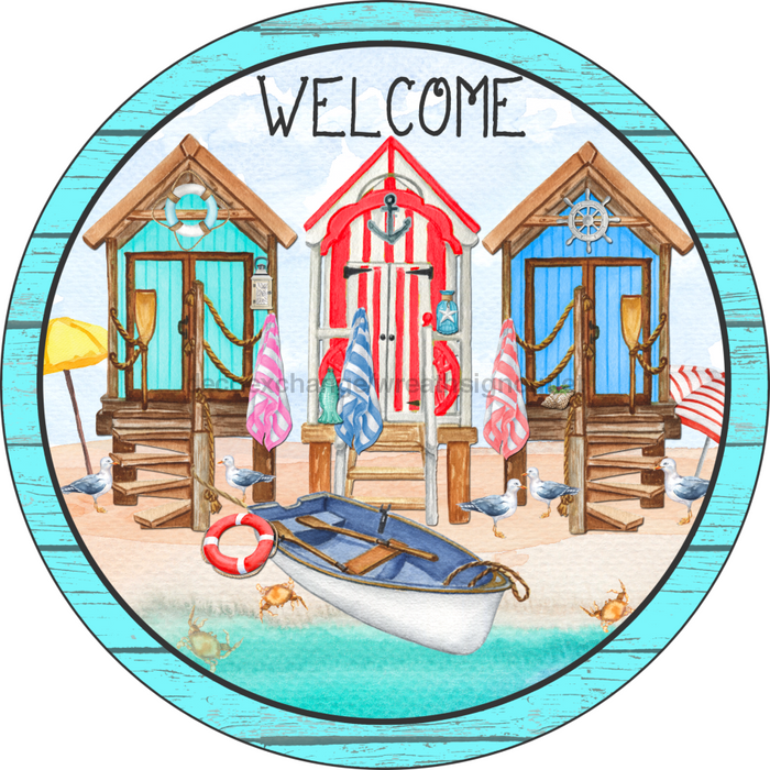 Wreath Sign, Beach Sign, Beach Welcome, 10" Round, Metal Sign, DECOE-551, DecoExchange, Sign For Wreath - DecoExchange