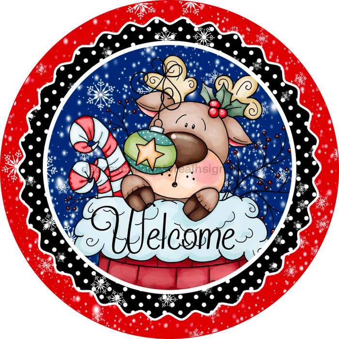 Wreath Sign, Christmas Sign, Reindeer Sign, 10" Round, Metal Sign, DECOE-774, DecoExchange, Sign For Wreath - DecoExchange