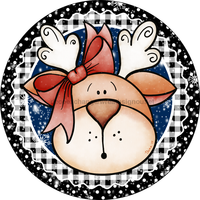 Wreath Sign, Christmas Sign, Reindeer, Black and White, 10" Round, Metal Sign, DECOE-118, DecoExchange, Sign For Wreath - DecoExchange