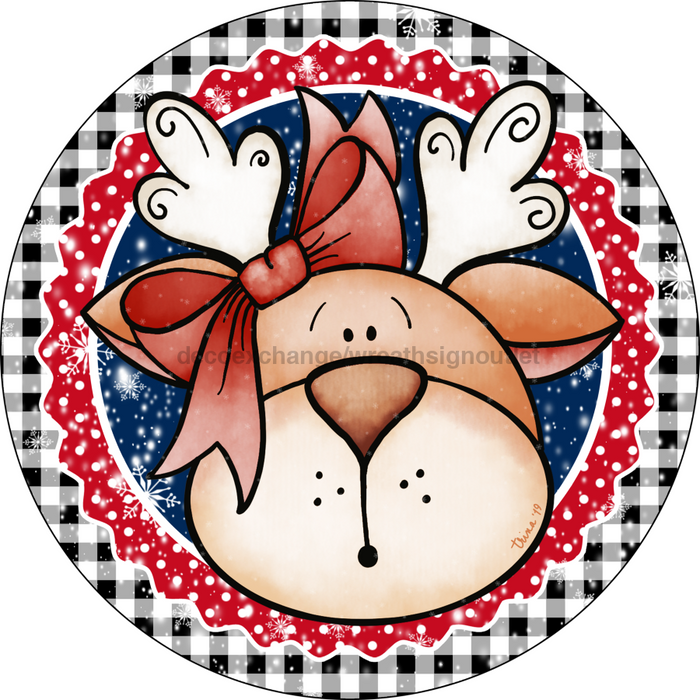 Wreath Sign, Christmas Sign, Reindeer, Red and White, 10" Round, Metal Sign, DECOE-119, DecoExchange, Sign For Wreath - DecoExchange
