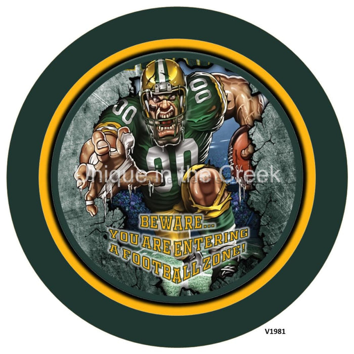 Vinyl Decal | GB Football | DK. GREEN/GOLD | Beware...you are entering a football zone | Sports - Unique in the Creek LTD