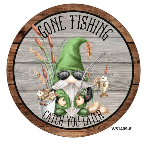 VINYL DECAL | GONE FISHING | GNOME / FISH / CATTAILS | ON WOOD | EVERYDAY - Unique in the Creek LTD