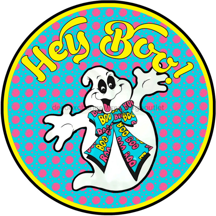 Wreath Sign, Hey Boo Halloween Sign, 10" Round Metal Sign DECOE-229, Sign For Wreath, DecoExchange - DecoExchange