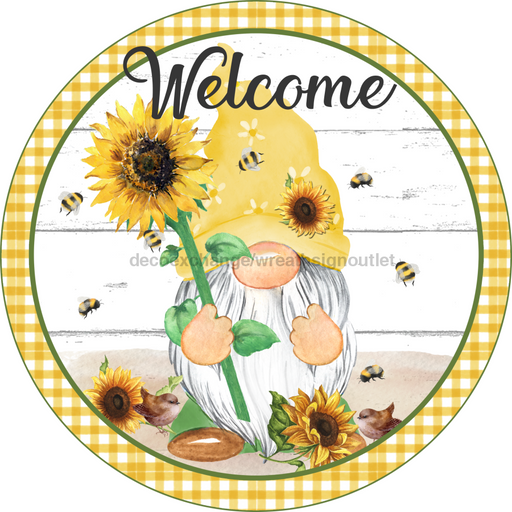 Vinyl Decal, Sunflower Gnome, Welcome Sign, 10" Round Metal Sign VINYL-DECOE-275, Sign For Wreath, DecoExchange - DecoExchange