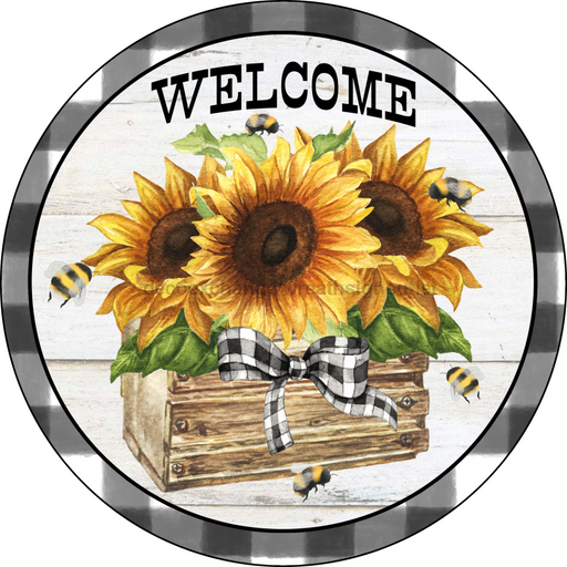 Vinyl Decal, Sunflower Welcome Sign, 10" Round Metal Sign VINYL-DECOE-260, Sign For Wreath, DecoExchange - DecoExchange