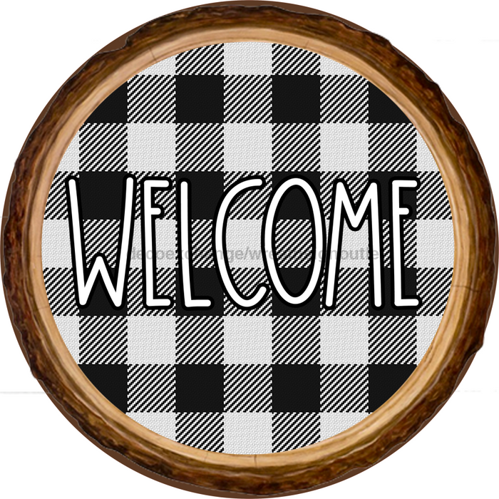 Wreath Sign, Welcome - Buffalo Check Wood Round 10" Round Metal Sign DECOE-180, DecoExchange, Sign For Wreaths - DecoExchange