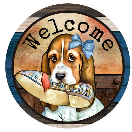 Vinyl Decal, Welcome Sign, Beagle Sign, 10" Round Metal Sign VINYL-DECOE-288, Sign For Wreath, DecoExchange - DecoExchange