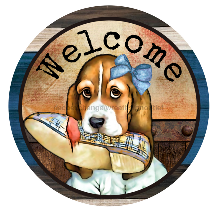 Vinyl Decal, Welcome Sign, Beagle Sign, 10" Round Metal Sign VINYL-DECOE-288, Sign For Wreath, DecoExchange - DecoExchange