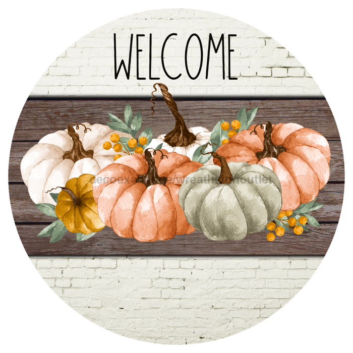 Welcome Fall Sign, Pumpkin Sign, DECOE-4640, Sign For Wreath, 10" Round Metal Sign - DecoExchange®