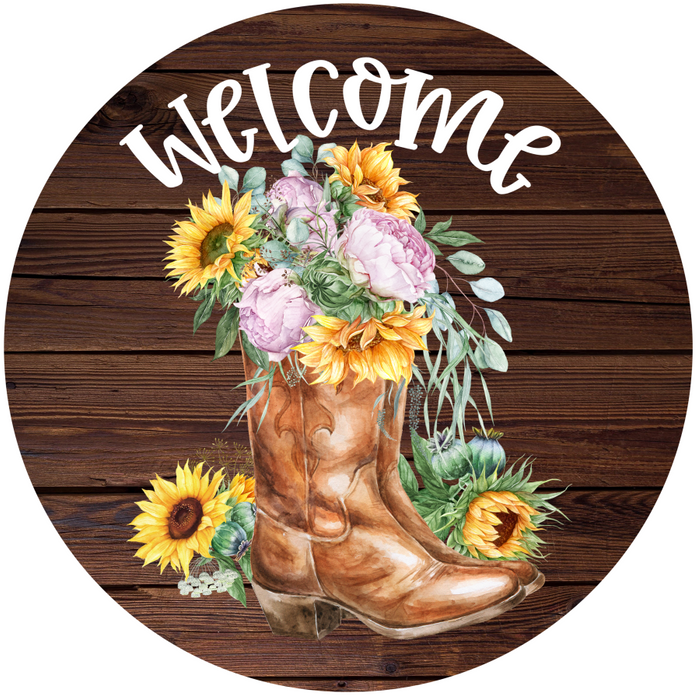 Welcome Sign, Boots Sign, Country Sign, DECOE-4049, 10" Metal Round