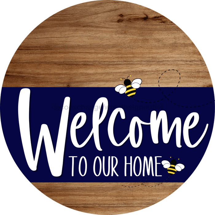 Welcome To Our Home Sign Bee Navy Stripe Wood Grain Decoe-2946-Dh 18 Round