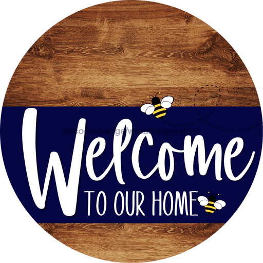 Welcome To Our Home Sign Bee Navy Stripe Wood Grain Decoe-2947-Dh 18 Round