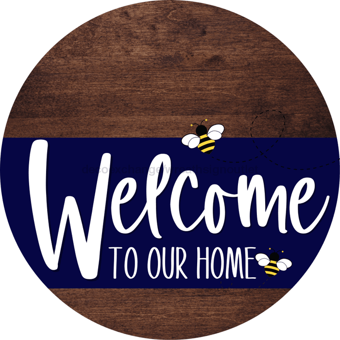 Welcome To Our Home Sign Bee Navy Stripe Wood Grain Decoe-2948-Dh 18 Round