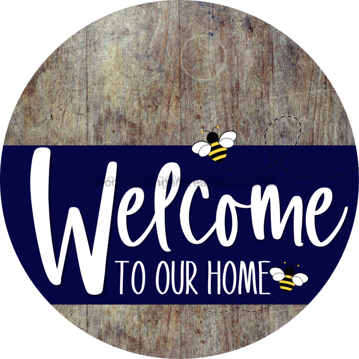Welcome To Our Home Sign Bee Navy Stripe Wood Grain Decoe-2950-Dh 18 Round