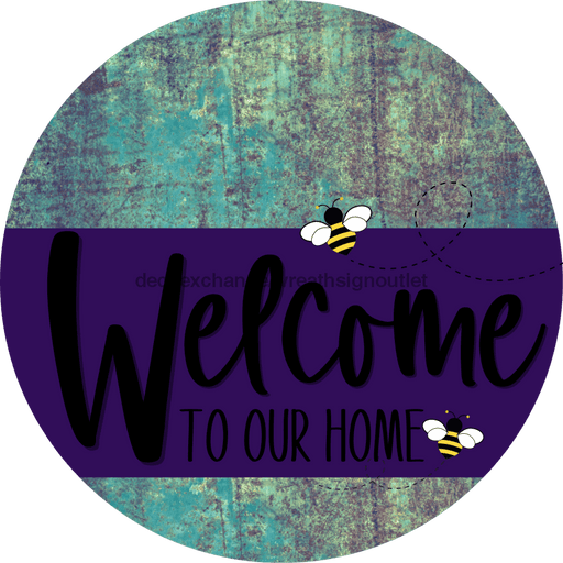 Welcome To Our Home Sign Bee Purple Stripe Petina Look Decoe-3041-Dh 18 Wood Round