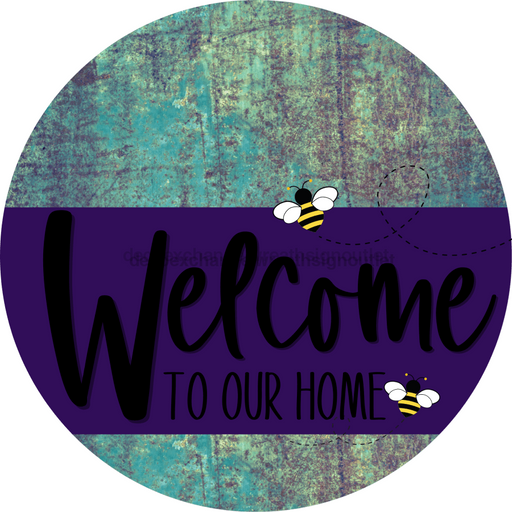 Welcome To Our Home Sign Bee Purple Stripe Petina Look Decoe-3041-Dh 18 Wood Round