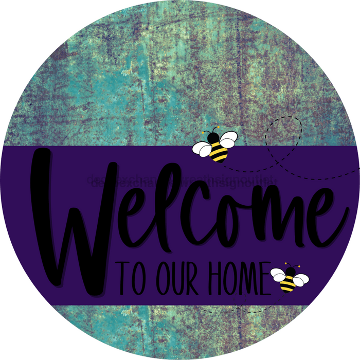 Welcome To Our Home Sign Bee Purple Stripe Petina Look Decoe-3041-Dh 18 Wood Round