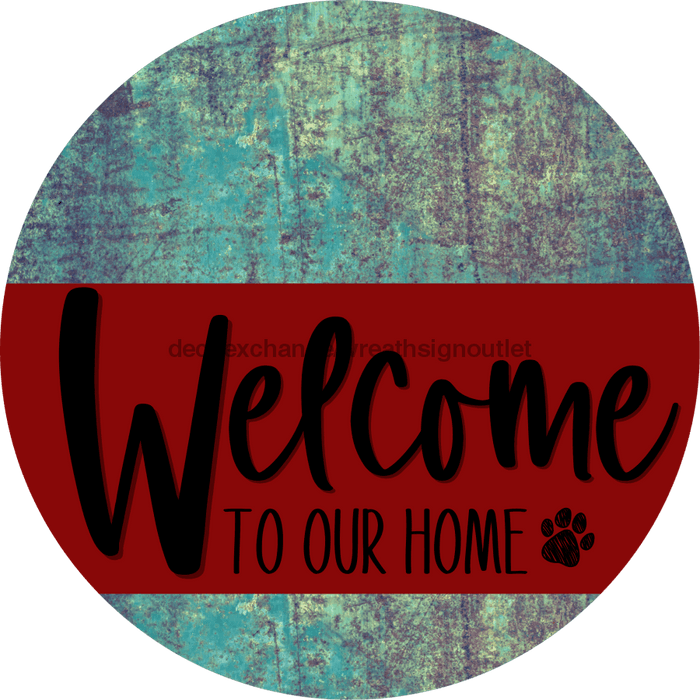 Welcome To Our Home Sign Dog Dark Red Stripe Petina Look Decoe-3762-Dh 18 Wood Round