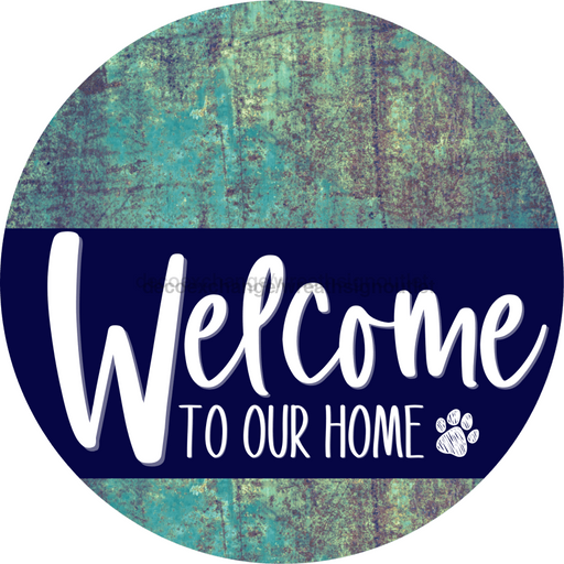 Welcome To Our Home Sign Dog Navy Stripe Petina Look Decoe-3712-Dh 18 Wood Round