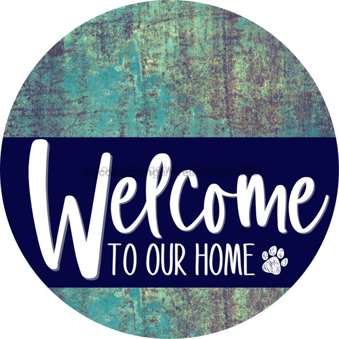 Welcome To Our Home Sign Dog Navy Stripe Petina Look Decoe-3712-Dh 18 Wood Round
