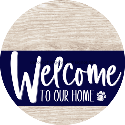 Welcome To Our Home Sign Dog Navy Stripe White Wash Decoe-3714-Dh 18 Wood Round