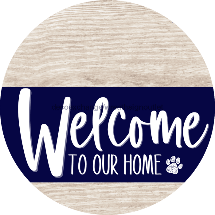 Welcome To Our Home Sign Dog Navy Stripe White Wash Decoe-3714-Dh 18 Wood Round