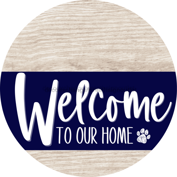 Welcome To Our Home Sign Dog Navy Stripe White Wash Decoe-3714-Dh 18 Wood Round