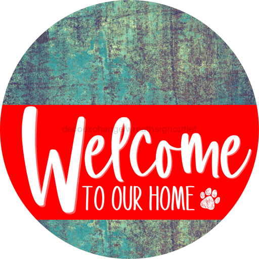 Welcome To Our Home Sign Dog Red Stripe Petina Look Decoe-3752-Dh 18 Wood Round