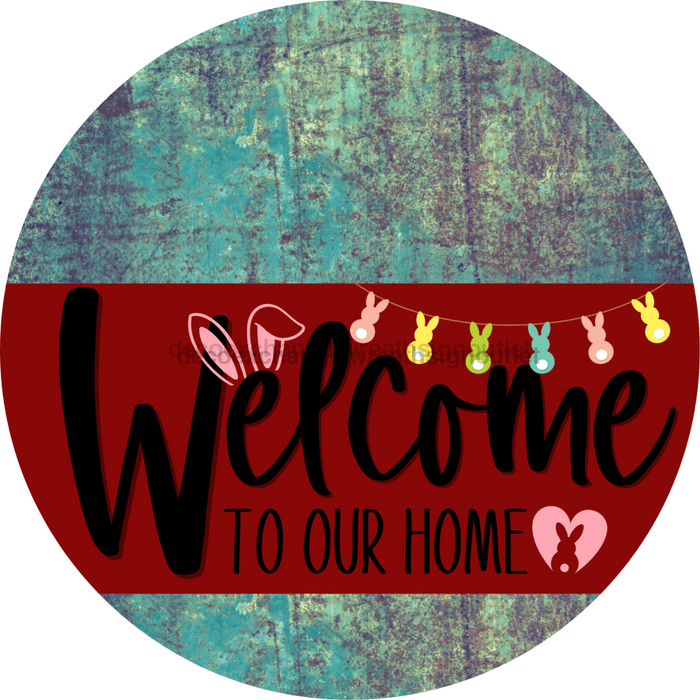 Welcome To Our Home Sign Easter Dark Red Stripe Petina Look Decoe-3458-Dh 18 Wood Round