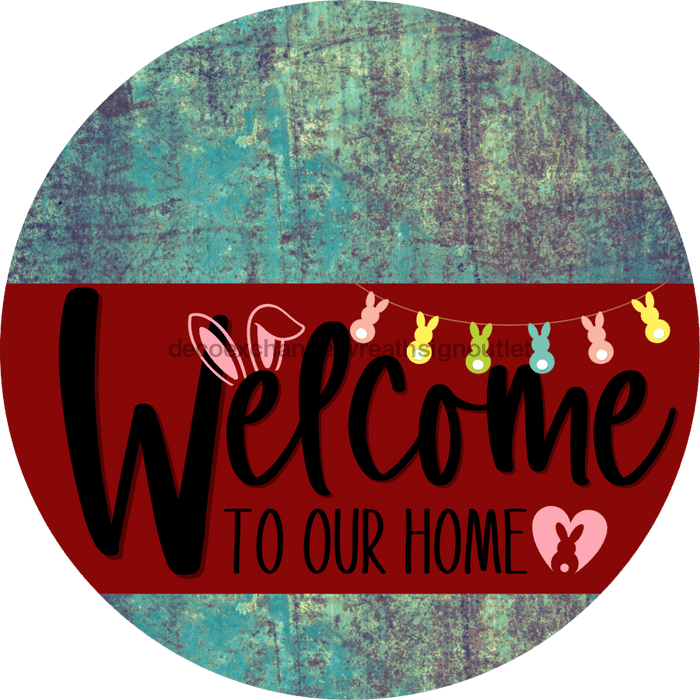 Welcome To Our Home Sign Easter Dark Red Stripe Petina Look Decoe-3458-Dh 18 Wood Round