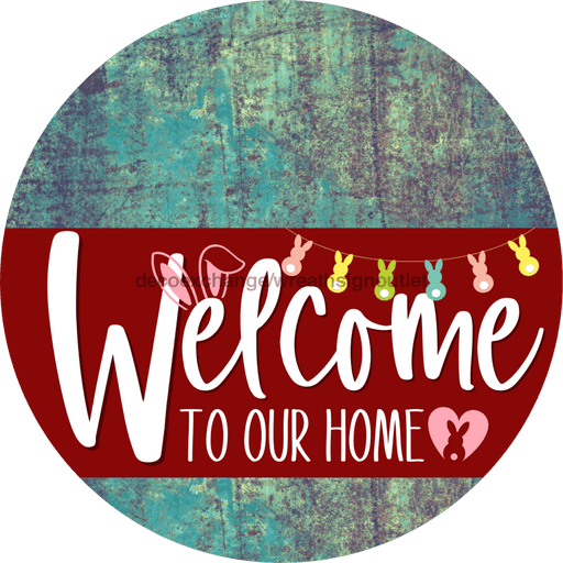 Welcome To Our Home Sign Easter Dark Red Stripe Petina Look Decoe-3468-Dh 18 Wood Round