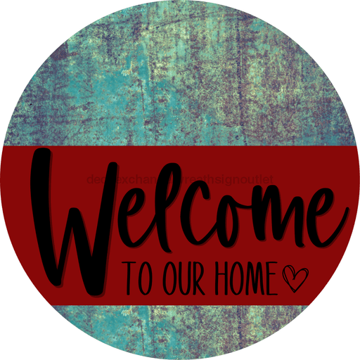 Welcome To Our Home Sign Heart Dark Red Stripe Petina Look Decoe-2828-Dh 18 Wood Round