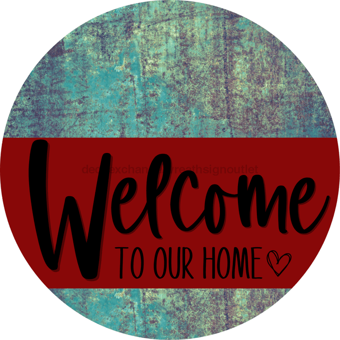 Welcome To Our Home Sign Heart Dark Red Stripe Petina Look Decoe-2828-Dh 18 Wood Round