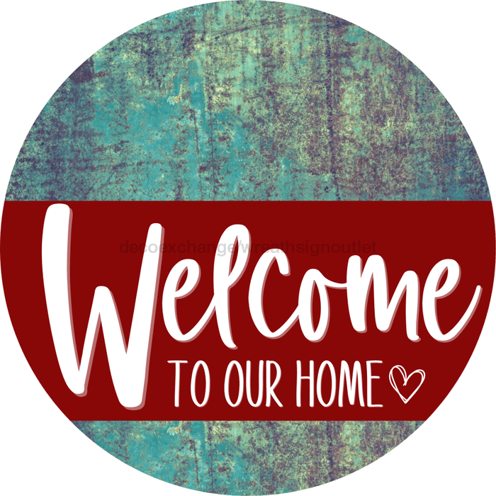 Welcome To Our Home Sign Heart Dark Red Stripe Petina Look Decoe-2838-Dh 18 Wood Round