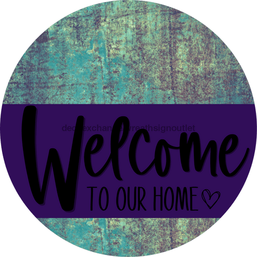 Welcome To Our Home Sign Heart Purple Stripe Petina Look Decoe-2868-Dh 18 Wood Round