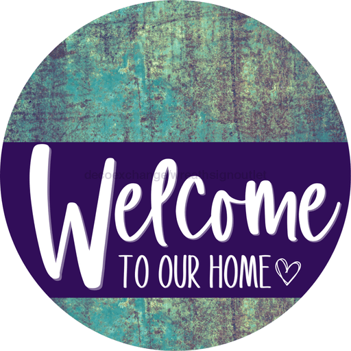 Welcome To Our Home Sign Heart Purple Stripe Petina Look Decoe-2878-Dh 18 Wood Round