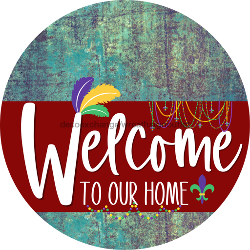 Welcome To Our Home Sign Mardi Gras Dark Red Stripe Petina Look Decoe-3620-Dh 18 Wood Round