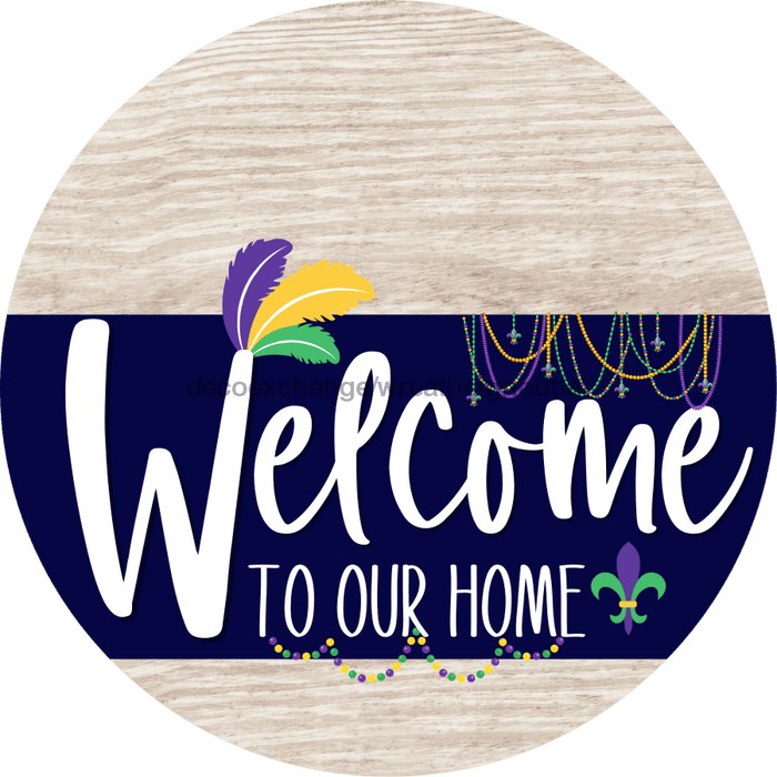 Welcome To Our Home Sign Mardi Gras Navy Stripe White Wash Decoe-3562-Dh 18 Wood Round