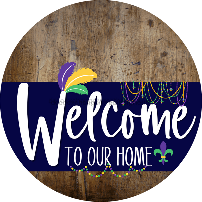 Welcome To Our Home Sign Mardi Gras Navy Stripe Wood Grain Decoe-3558-Dh 18 Round